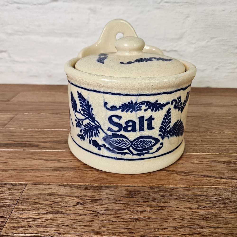 Vintage Blue Onion Salt Cellar with Lid, Stoneware Salt Box